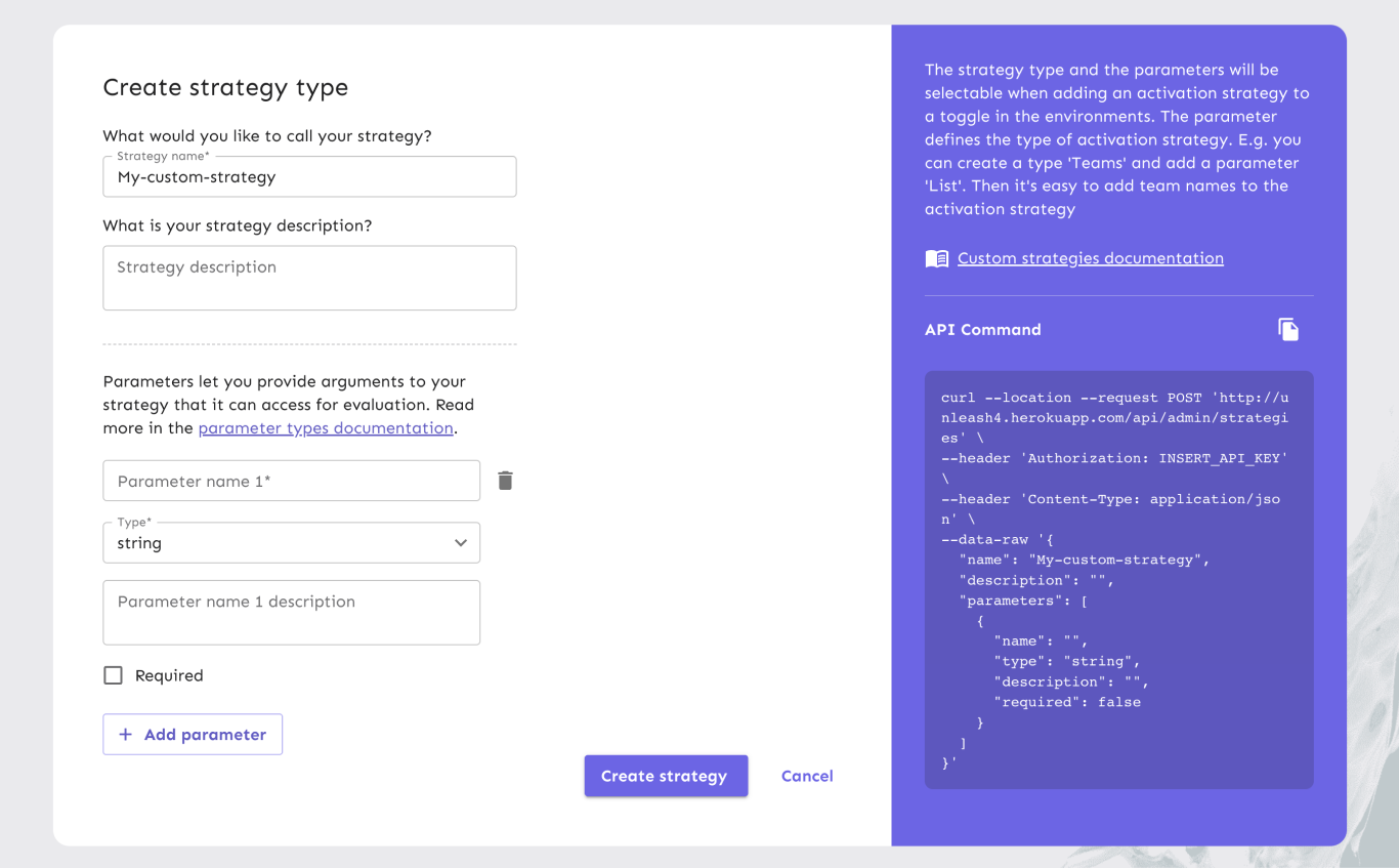 A strategy creation form. It has fields labeled &quot;strategy name&quot; — &quot;TimeStamp&quot; — and &quot;description&quot; — &quot;activate flag after a given timestamp&quot;. It also has fields for a parameter named &quot;enableAfter&quot;. The parameter is of type &quot;string&quot; and the parameter description is &quot;Expected format: YYYY-MM-DD HH&quot;. The parameter is required.